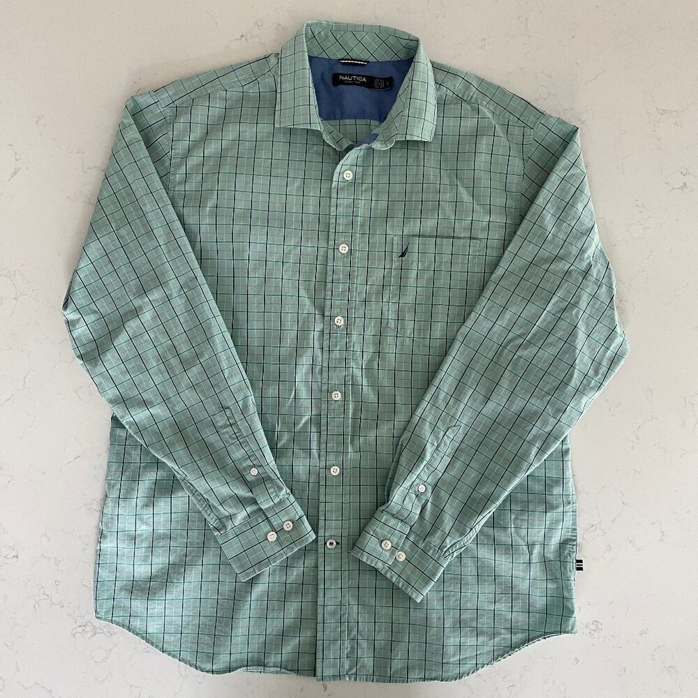 Nautica LS Button Down Cotton Tencel Blend Check Shirt Soft Green Blue Sz L